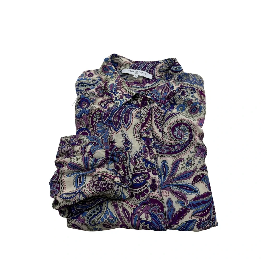 Gerard Darel Paris Paisley Viscose Button Down Blouse Purple Blue 38 DZC67Z157